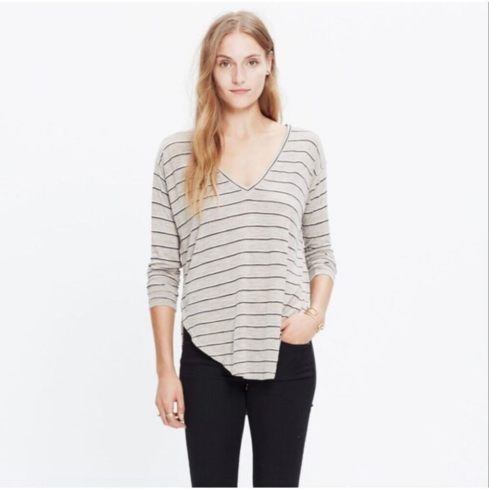 Madewell Anthem Long Sleeve V-Neck Tee in Double Stripe Tan & Brown Sz L